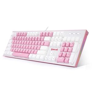 Redragon K623 Dual Color Keys Mechanical Gaming Keyboard Single White LED + RGB Side Edge Backlit 104 Key Wired Computer Keyboard with Blue Switches for Windows PC (Pink + White)