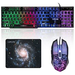 Gaming Keyboard Mouse Mousepad Wired Combo Rainbow LED Backlight Emitting Character 3200DPI Adjustable USB Mice Compatible with PC iMac MacBook Laptop PS4 Xbox one