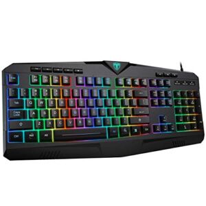 Membrane Gaming Keyboard, YoChic Rainbow LED Backlit Quiet USB Wired 104 Silent Keys, Crater Architecture, 25 Anti-Ghosting Spill-Resistant Computer Keyboard for Desktop, Computer, PC, Black