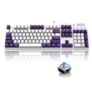 Mechanical Gaming Keyboard Hot Swappable with Multi Monochromatic Backlight 104Key Anti-ghosting Ergonomic Metal Plate Multimedia Key USB Wired for PC Mac Gamer Office Typist(Purple White/Blue Switch)