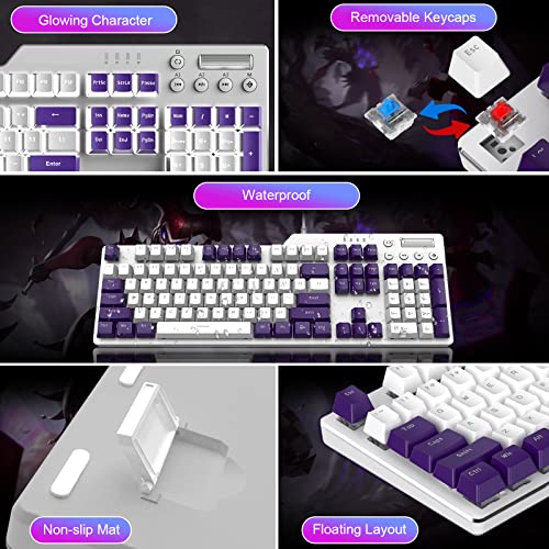 Mechanical Gaming Keyboard Hot Swappable with Multi Monochromatic Backlight 104Key Anti-ghosting Ergonomic Metal Plate Multimedia Key USB Wired for PC Mac Gamer Office Typist(Purple White/Blue Switch) | The Storepaperoomates Retail Market - Fast Affordable Shopping
