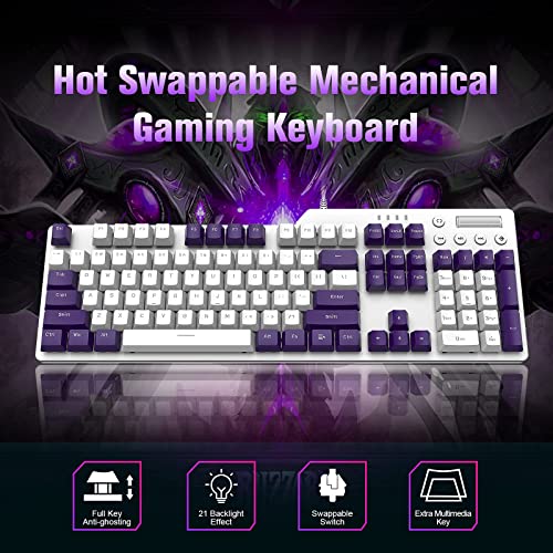 Mechanical Gaming Keyboard Hot Swappable with Multi Monochromatic Backlight 104Key Anti-ghosting Ergonomic Metal Plate Multimedia Key USB Wired for PC Mac Gamer Office Typist(Purple White/Blue Switch) | The Storepaperoomates Retail Market - Fast Affordable Shopping