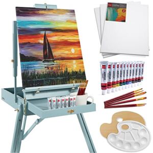 Best Choice Products French Easel, 32pc Beginners Kit Portable Wooden Folding Adjustable Sketch Box Artist Tripod for Painting, Drawing w/Acrylic Paints, Brushes, Canvases, Palettes – Blue