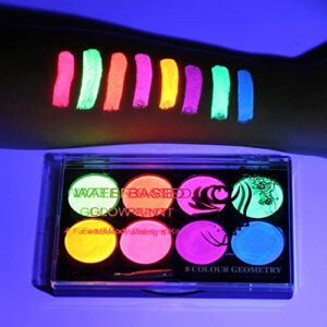 MEICOLY Glow UV Blacklight Face Paint, 8 Bright Colors Neon Fluorescent Body Painting Palette,Water Activated Eyeliner,Water Based Makeup Glow In The Dark Halloween Washable for Kids Adult Body Paint