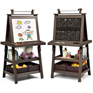 Costzon Kids Art Easel, 3 in 1 Double-Sided Storage Easel w/Whiteboard, Chalkboard & Paper Roll, 2-Tier Rack w/ 2 Storage Boxes, Large Capacity Tool Tray for Toddlers (Coffee)