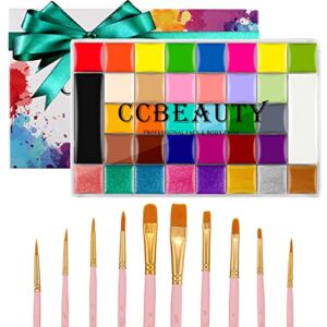 CCbeauty Face Body Paint Kit Professional 36 Colors Face Painting Kit Cosplay Makeup Palette Halloween Clown SFX Makeup Kit Neon Body Paint Arts Party Fancy Make Up with 10 Pink Face Paint Brushes