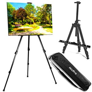 Nicpro Painting Easel for Display, Adjustable Height 17″ to 63″ Tabletop & Floor Art Easel, Aluminum Tripod Artist Easels Stand for Painting Canvas, Wedding Signs with Carry Bag – Black