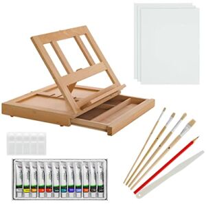 U.S. Art Supply Complete Artist Acrylic Painting Set with Wood Desk Table Easel with Storage Drawer – 12 Vivid Acrylic Paint Colors, 4 Brushes, 3 Canvas Panels, Painting Palette & Knife, HB Pencil