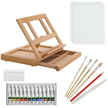 U.S. Art Supply Complete Artist Acrylic Painting Set with Wood Desk Table Easel with Storage Drawer – 12 Vivid Acrylic Paint Colors, 4 Brushes, 3 Canvas Panels, Painting Palette & Knife, HB Pencil | The Storepaperoomates Retail Market - Fast Affordable Shopping