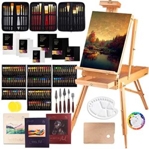 Modera French Easel Painting Set | 163-Piece Deluxe Artist Starter Kit with Wooden Field & Studio Sketch Box Easel, 8 Stretched & Panel Canvases, 100+ Professional Paints, Brushes, Paper & Palettes