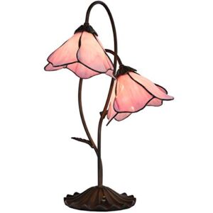 Bieye L10811 Pink Flower Tiffany Style Stained Glass Table Lamp with 8 inches Wide Bent Glass Lampshades Lily Pad Base, 2-Lights, 23.5 inches Tall