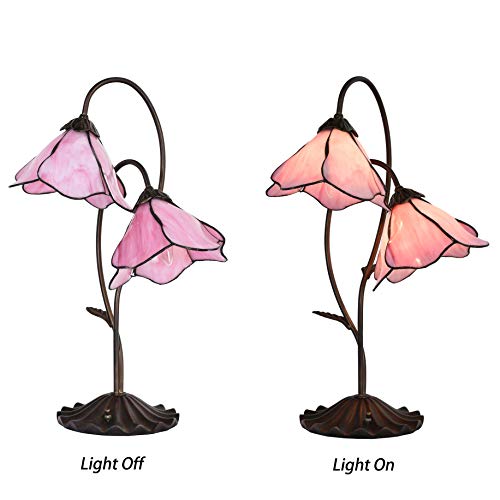 Bieye L10811 Pink Flower Tiffany Style Stained Glass Table Lamp with 8 inches Wide Bent Glass Lampshades Lily Pad Base, 2-Lights, 23.5 inches Tall | The Storepaperoomates Retail Market - Fast Affordable Shopping