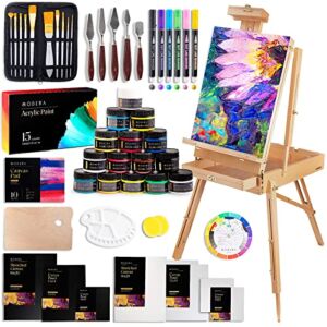 Modera French Easel Acrylic Painting Set | Deluxe Artist Starter Kit with Wooden Field & Studio Sketch Box Easel, 8 Stretched & Panel Canvases, 23 Acrylic Paints, Brushes, Paper, 5 Knives & Palettes