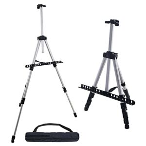 U.S. Art Supply 66″ Sturdy Silver Aluminum Tripod Artist Field and Display Easel Stand – Adjustable Height 18″ to 5.5 Feet, Holds 36″ Canvas – Floor and Tabletop Displaying, Painting – Portable Bag