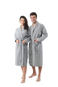 OYA HOME Unisex Long Waffle Shawl Collar 100% Cotton Bathrobe, Spa Robe for Women & Men (XXL, Grey)