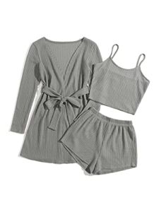 Milumia Women’s 3 Piece Waffle Pajama Set with Robe Cami Top and Shorts Loungewear Set Light Grey Small