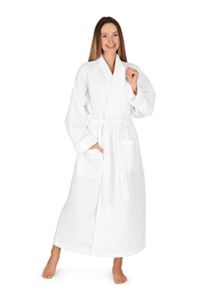 Women’s Waffle Robe by Boca Terry, Full Length Waffle Knit Hotel Bathrobe. Lightweight Shawl Collar White Robes. Large