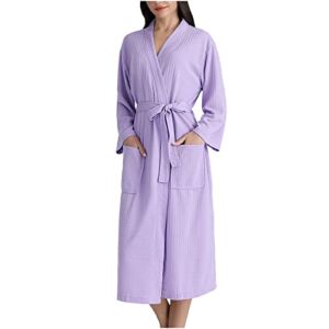 Waffle Bathrobes Unisex Adult Waffle Knit Lightweight Kimono Spa Bathrobe Long Party Robes Nightgown with Pockets Purple