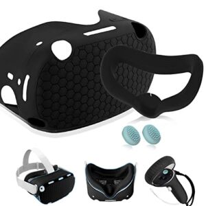 Hanpusen 3-in-1 Silicone Set for Oculus Quest 2, Anti-Fogging VR Face Cover, VR Headset Shell Protective Cover, Shakes Stick Caps