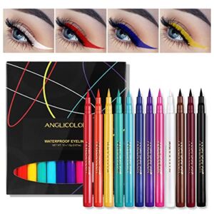 Anglicolor 12 Colours Coloured Eyeliner, Smudge Proof Neon Matte Waterproof Liquid Eyeliner Set , Highly Pigmented Smudge-proof Colourful Eye Liners for Wedding Party (12 Colors)