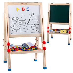 Wooden Kids Easel,Art Easel with Paper Roll Double-Sided Whiteboard & Chalkboard Standing Easel with Bonus Magnetics, Numbers and Other Accessories for Kids,Tollders, Boys and Girls