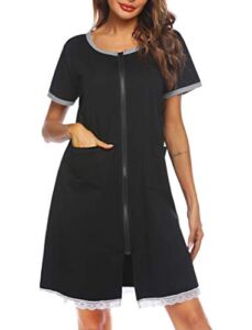 Ekouaer Womens Zipper front Housecoats Short Sleeve Bathrobes Lace Trim Nightgown with Pockets A-black