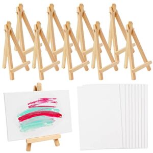 NHYAMX 10 Pack Mini Wooden Display Easel A-Frame Tabletop Holder and 10 Pack 4x6inch Painting Canvas Panel Boards 5.9 inch Art Craft Painting Easel Mini Wooden Easel Canvas Display Stand