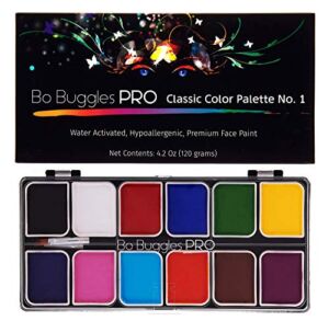 Bo Buggles Professional Face Paint Kit. Face Painting Palette No.1 Water-Activated Loved By Pro Painters For Vibrant Detailed Designs. 12×10 gram Paints +2 Brushes. Safe Quality Makeup Paint Supplies