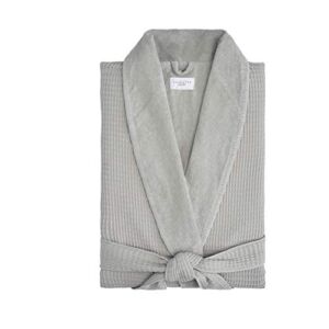 Kassatex Waffle Terry Bathrobe Collection, 100% Cotton, Made in Turkey (Beige Waffle Outside, Thick Terry Inside – L/XL – Grey
