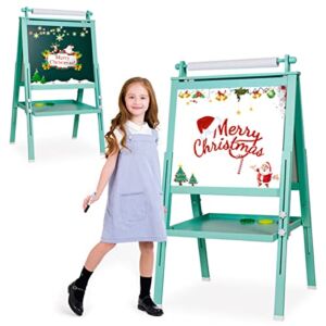 Kids Art Easel for Kids Toddlers with Magnetic Chalkboard Ages 2 4 6 8, Double-Sided Standing Wooden Painting Easel Adjustable Dry-Erase Board