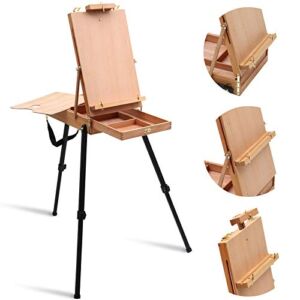 Falling in Art Light Weight French Style Field and Sketchebox Ease with Aluminum Tripod, Adjustable Beechwood Tripod Standing Easel with Drawer, Palette