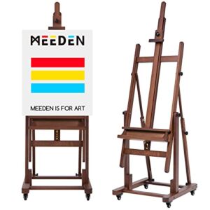 MEEDEN Extra Large H-Frame Studio Easel – Solid Beech Wooden Artist Professional Heavy-Duty Easel, Painting Art Easel Stand with 4 Premium Locking Silent Caster Wheels, Hold Max 82″, Walnut