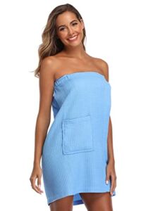 VISHOP Women Waffle Spa Body Wrap with Adjustable Closure Towel Robes with Pocket, Light Blue S/M