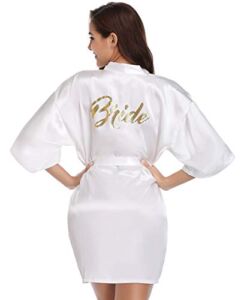 Vlazom Women’s Satin Robe Short Kimono for Bride & Bridesmaid Wedding Party Robes with Gold Glitter or Rhinestones