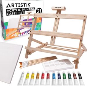Desk Easel with Acrylic Paints – Table Top Adjustable Wooden Desktop Easel, 12 Tubes, Canvas, Paintbrushes & Palette for Painting, Sketching and Drawing Supplies
