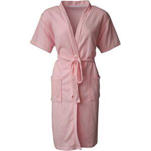 Waffle Knit 100% Cotton Knee Length Women Robe Kimono Spa Bathrobe with Pockets Short Sleeve