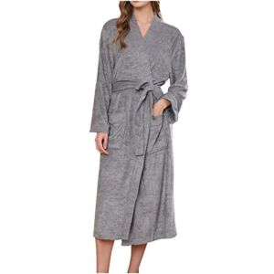 Waffle Robe for Women amd Men with Hood Full Length Soft Kimono Spa Knit Bathrobe Unisex Lightweight Housecoat Gray