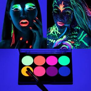 8 Colors UV Face Body Paint Kit Water Activated Eyeliner Palette Neon Face Paint Fluorescent Glow Black Light Makeup for Costume, Halloween, Carnivals
