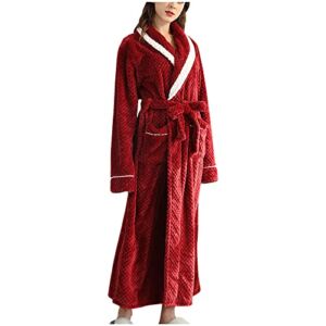 Soft Plush Women Fleece Robe, Cozy Bathrobe Female Spa Robe Waffle Winter Warm Long Bathrobe Luxurious Belt Bath Robes Red