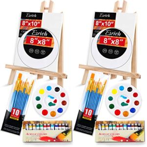 ESRICH Acrylic Paint Canvas Set,52 Piece Professional Painting Supplies Kit with 2 Wood Easel,2*12Colors,2*10 Brushes,Circular Canvas Etc,Premium Paint Kit for Kids,Students, Artists and Beginner