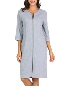 Womens Robes Long Zipper Front Robe Slim Fit Zip-Front Cotton Zip Up Bathrobe Grey 2XL