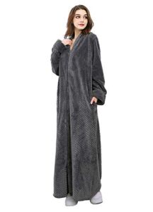 Womens Fleece Robe Plush Long Zip-Front Bathrobe with Pockets (X-Large, Grey)