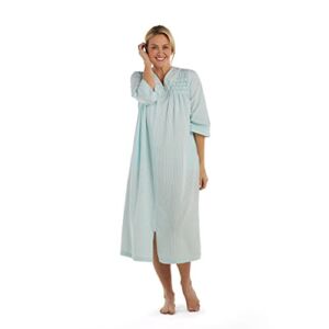 Miss Elaine Robe – Women’s Seersucker Long Robe, 3/4 Sleeves, Beautiful Hand Smocking, Two Insert Pockets and Zip Front (Small, Aqua/White Check)