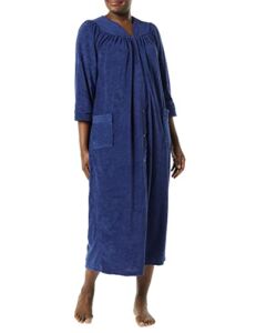 AmeriMark Women’s Terry Knit Long Robe Bath Robe w/ Snap Front & Trapunto Trim Navy XL