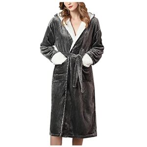 Women Fleece Hooded Bathrobe Plush Long Robe Soft Fluffy Waffle Bath Robes Warm Spa Robe Housecoat Pajama with Pockets Gray