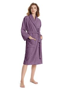 SIORO Terry Cloth Womens Robe Cotton Shower Bathrobe Soft Long Bath Towel Robes Shawl Collar Sleepwear for Spa Pool Gym, Plum Small