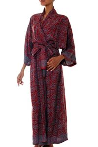 NOVICA Burgundy Gray Handmade Floral Batik Long Robe, ‘Morning Aster’