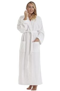 Arus Women’s Pacific Style Full Length Robe Hooded Turkish Cotton Bathrobe White Large