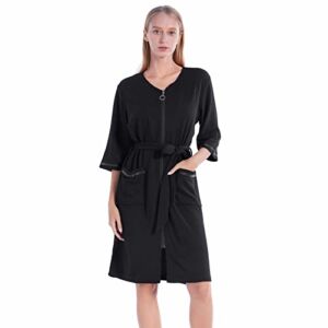 Women’s Lightweight Waffle Robe Men’s 3/4 Sleeve Zip Front Robe Knee Length Soft House Bathrobes Couple Knit Housecoats