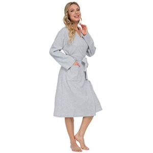 Womens Organic Cotton Bathrobe Ladies’ Spa Robe Light Weight Waffle Bath Robe Grey